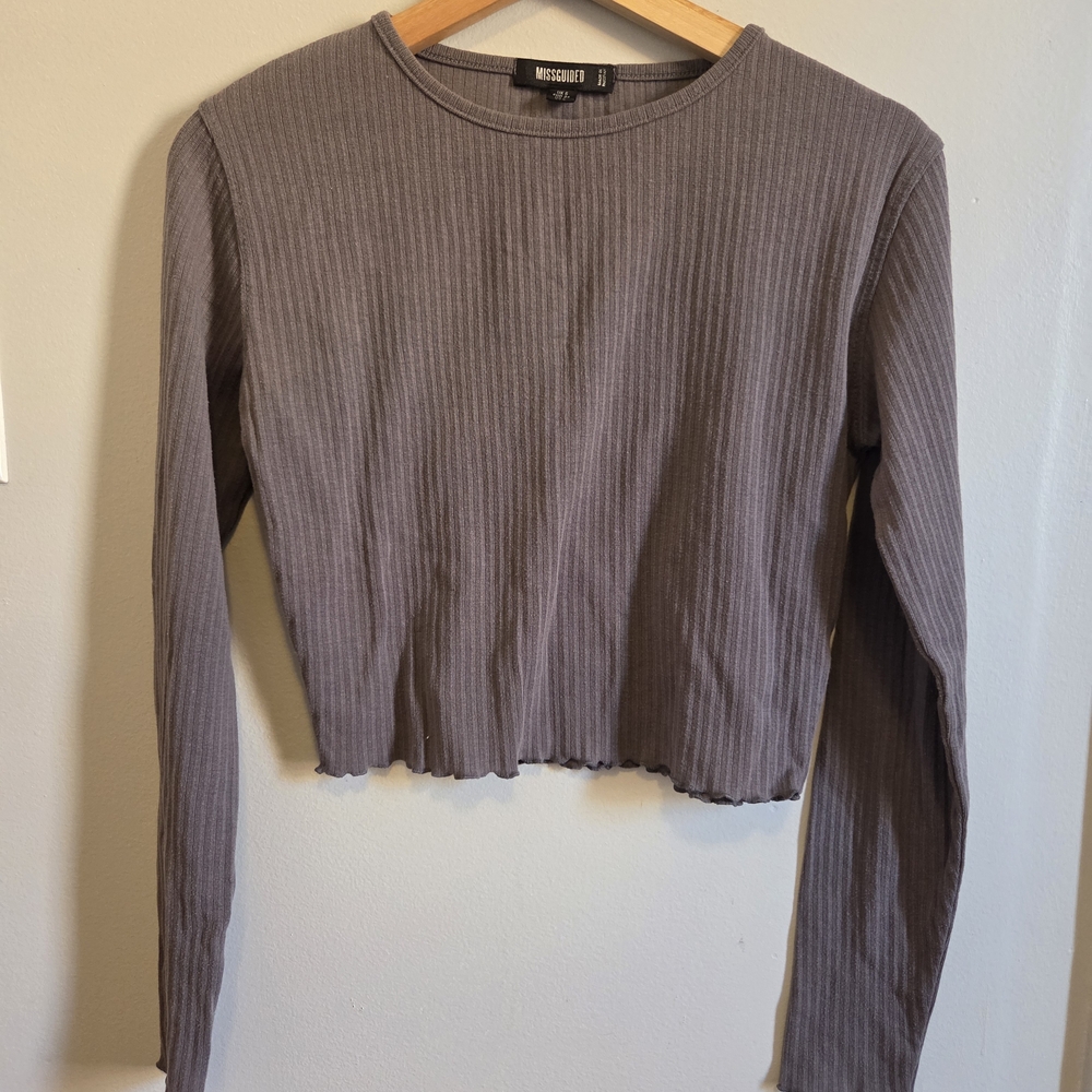 Missguided Blue Gray Ribbed Long Sleeve Crop Top